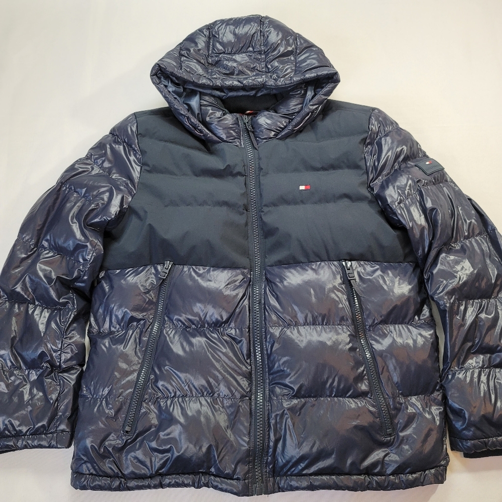 Tommy Hilfiger Puff Jacket Mens XL Navy Blue High Shine Hooded Jacket